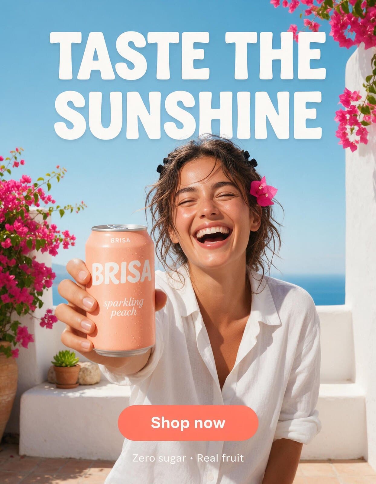 O anúncio original: uma mulher rindo e segurando uma lata de pêssego da Brisa sob o título Taste the Sunshine
