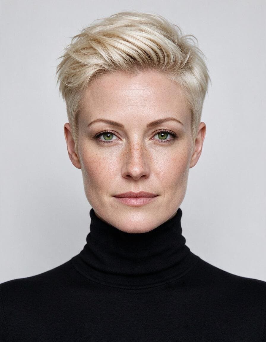 Ein Studioporträt einer Frau mit kurzen platinblonden Haaren in einem schwarzen Rollkragenpullover