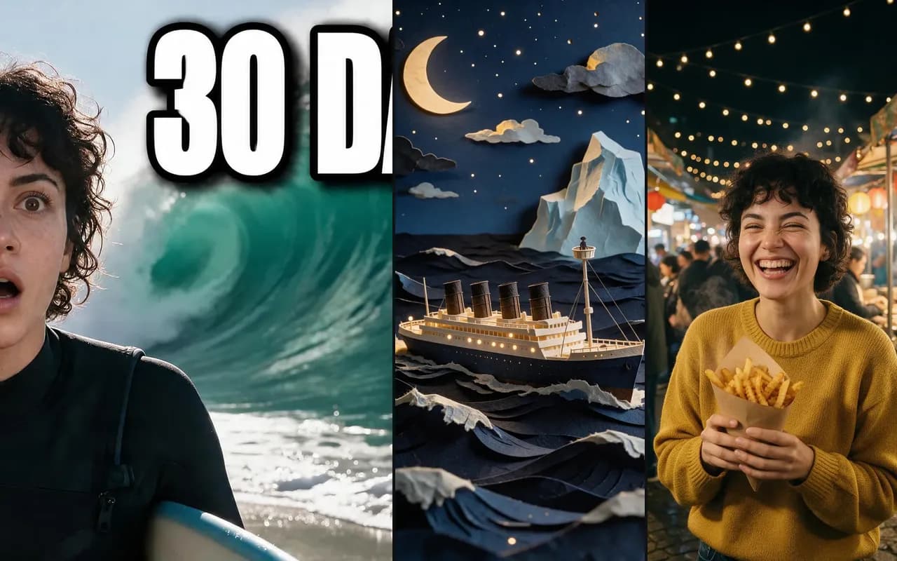 Ein Surf-Thumbnail, ein Ozeandampfer als Papier-Diorama und eine Figur auf einem Nachtmarkt