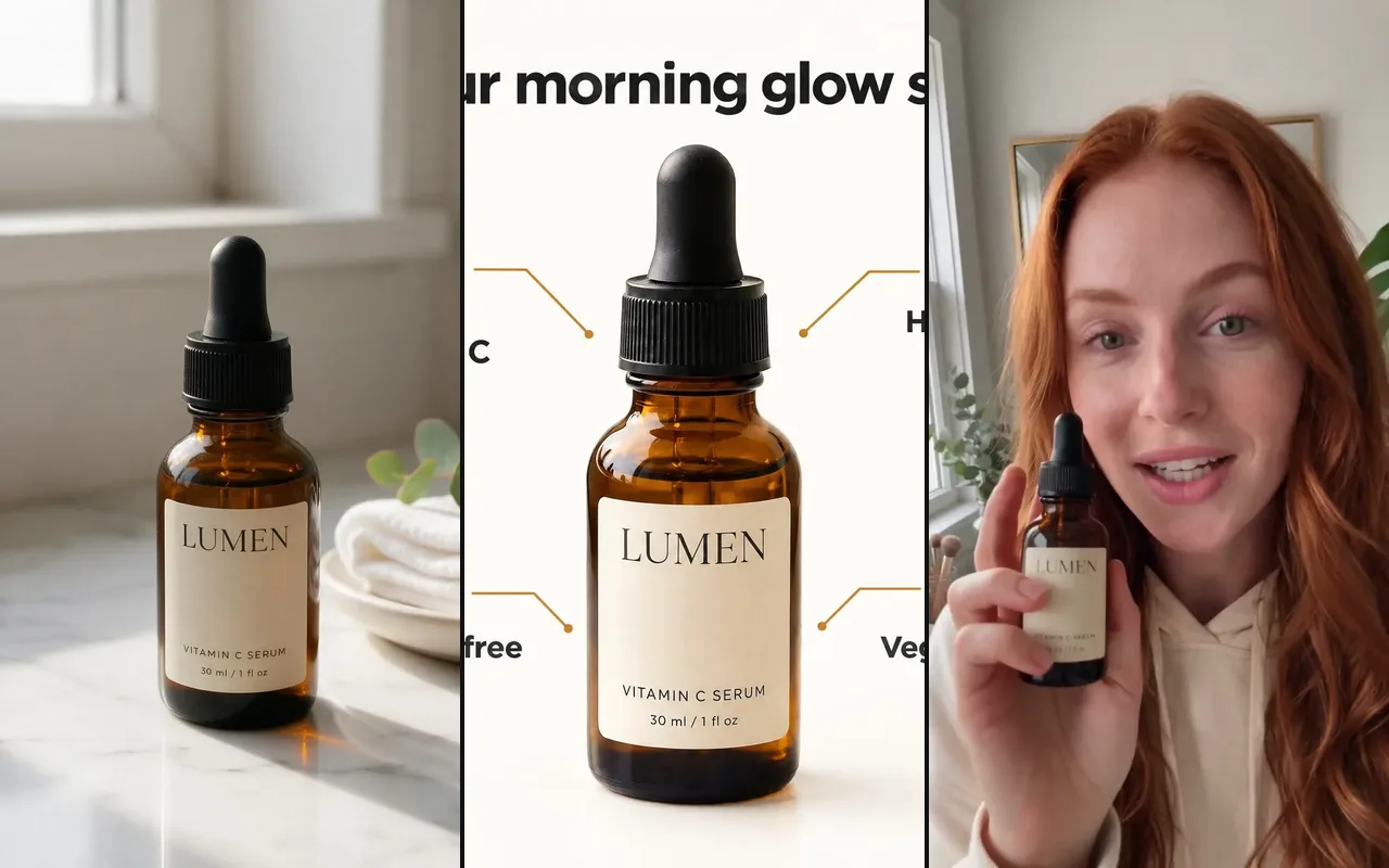 Ein Lifestyle-Foto, eine Infografik und ein UGC-Videoframe desselben Serums