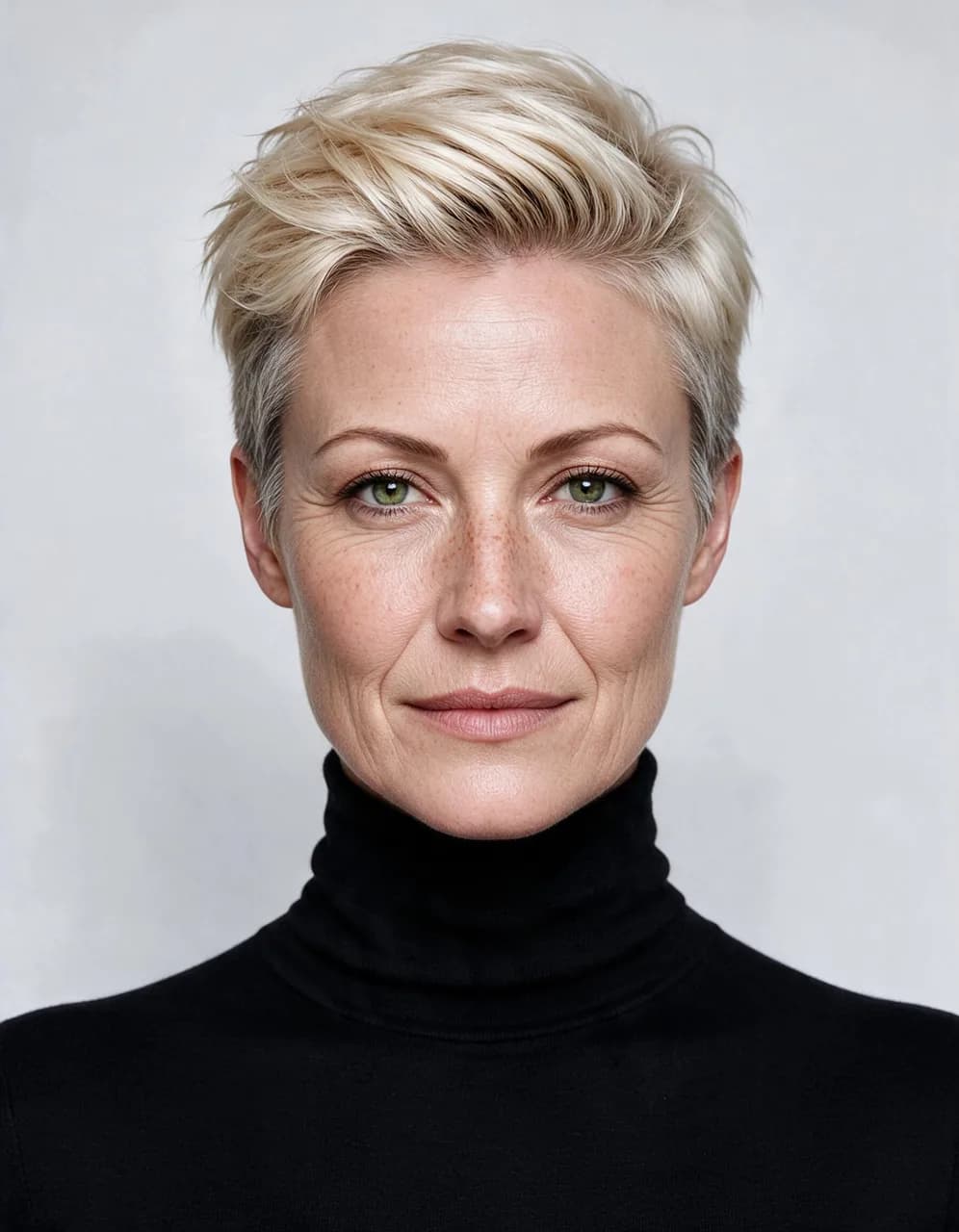 Die Frau mit platinblondem Haar, feinen Linien und reiferen Gesichtszügen