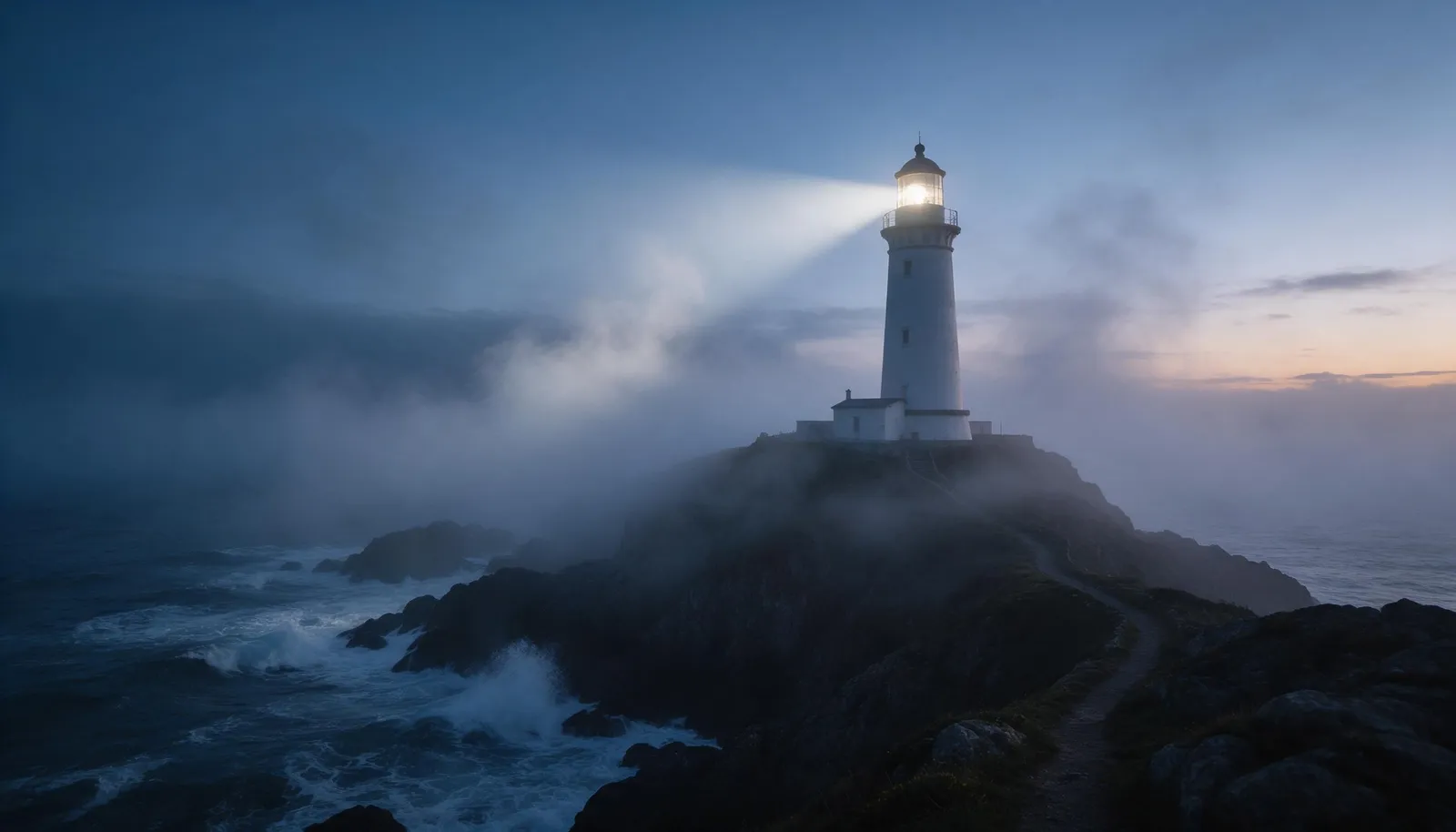 Un faro bianco su una scogliera frastagliata al crepuscolo, con il fascio di luce che taglia la nebbia