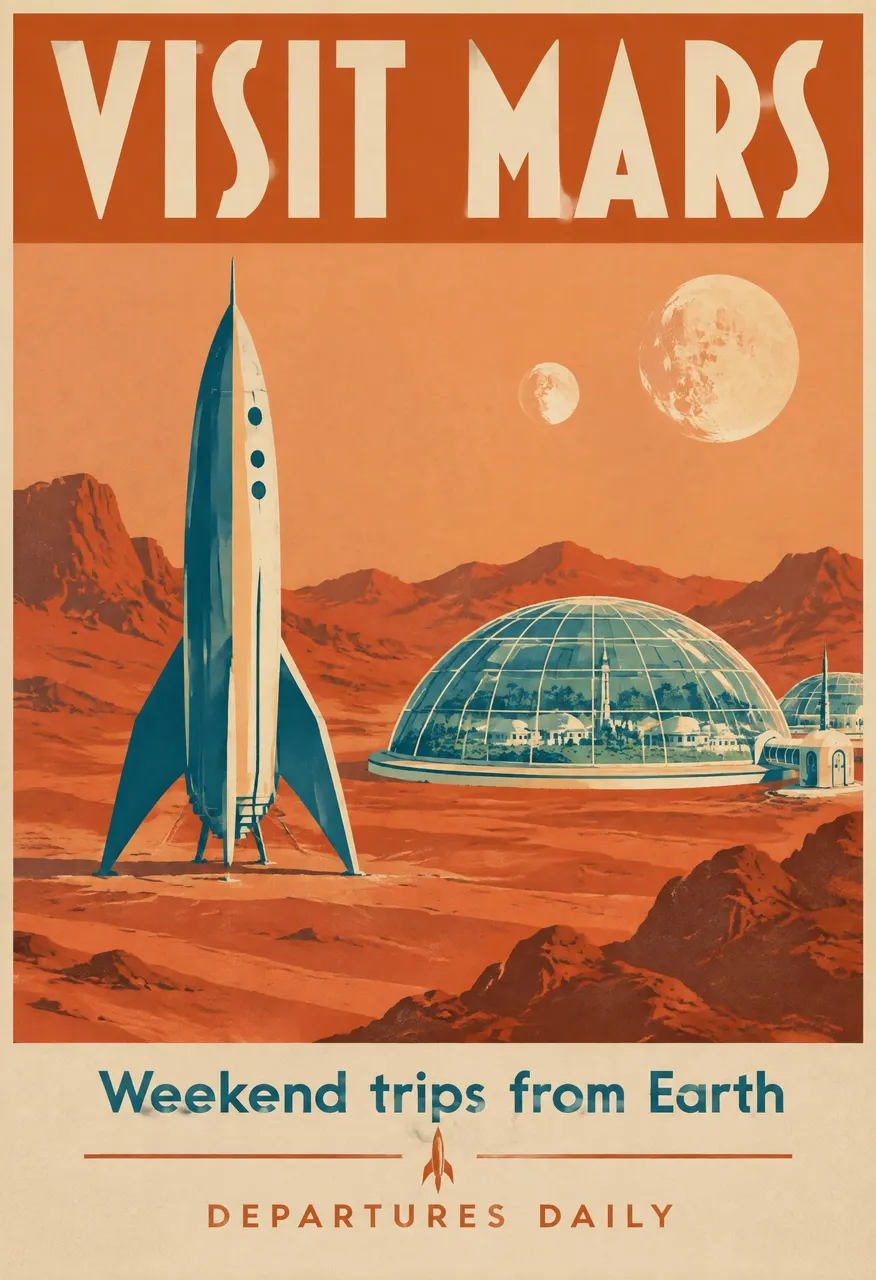 Retro cestovní plakát s nápisem Visit Mars, Weekend trips from Earth