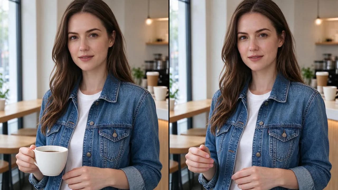 Žena v kavárně držící šálek kávy a stejná fotka bez šálku