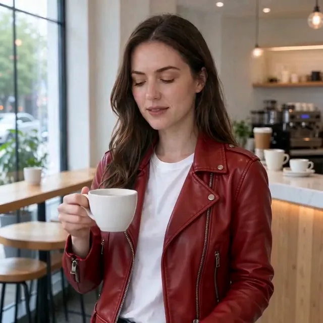 Žena v červené kožené bundě popíjí kávu